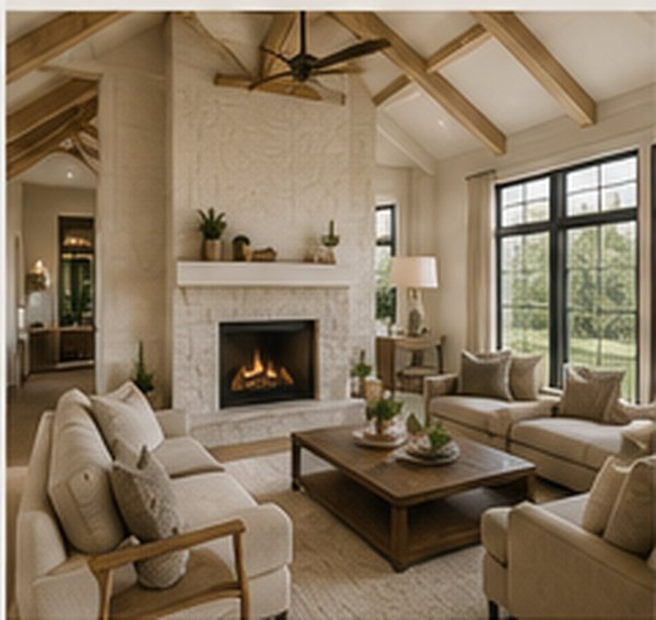 Concept: living room with vaulted ceiling and fireplace