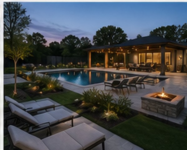 Concept: pool and patio at dusk